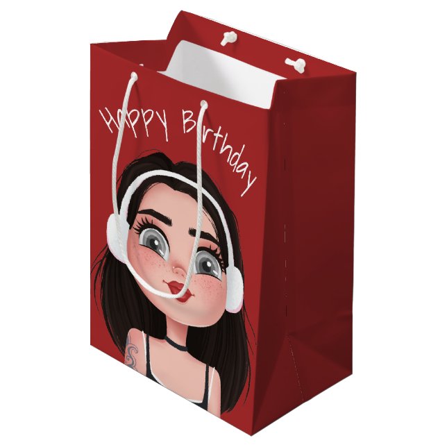 Cartoon Birthday Girl With Headphones  Medium Gift Bag (Front Angled)