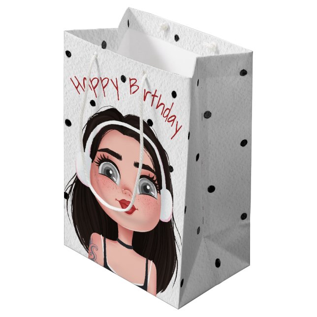 Cartoon Birthday Girl With Headphones  Medium Gift Bag (Front Angled)