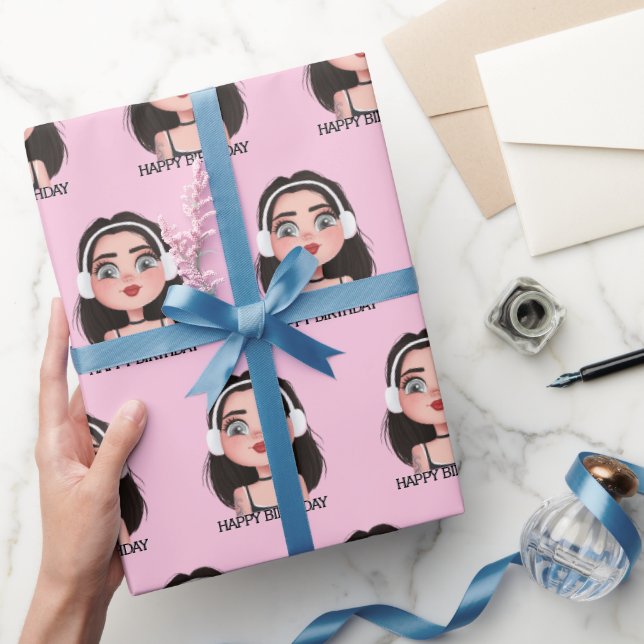 Cartoon Birthday Girl with Headphones Wrapping Paper (Gifting)