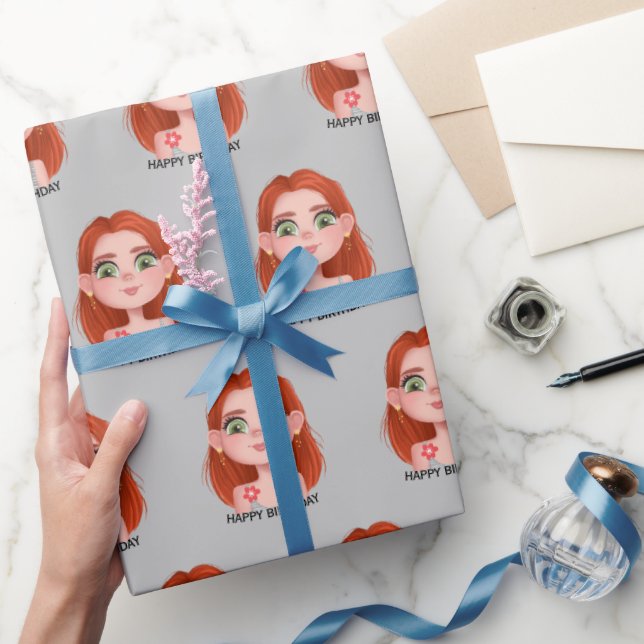 Cartoon Birthday Girl with Red Hair Wrapping Paper (Gifting)