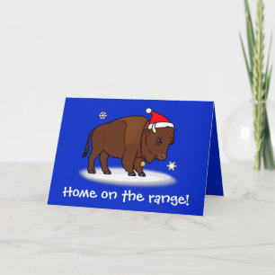 Cartoon Bison with Santa Hat Holiday Card