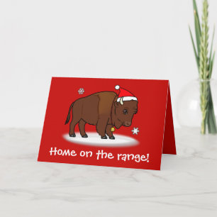 Cartoon Bison with Santa Hat Holiday Card