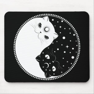 Cartoon black and white cats, yin yang sign mouse mat