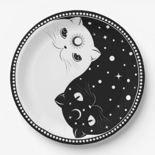 Cartoon black and white cats, yin yang sign paper plate