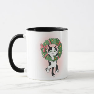 Cartoon Black and White Christmas Wreath Cat  Mug