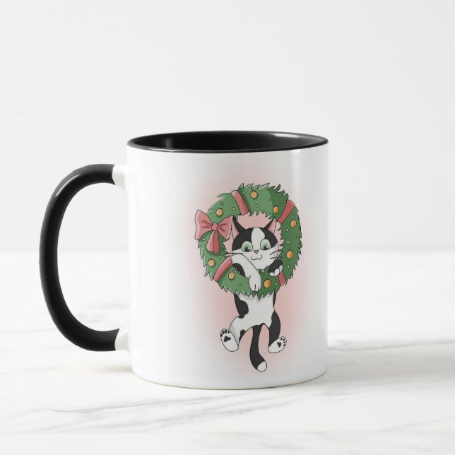 Cartoon Black and White Christmas Wreath Cat  Mug (Left)