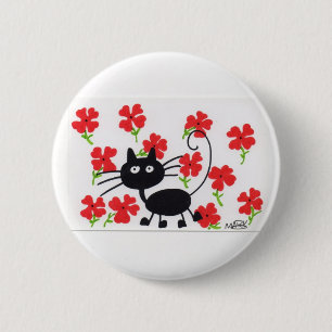 Cartoon Black Cat and red flowers 6 Cm Round Badge