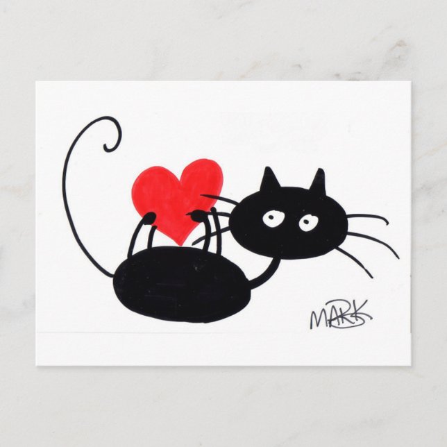 Cartoon Black Cat and red heart Postcard (Front)