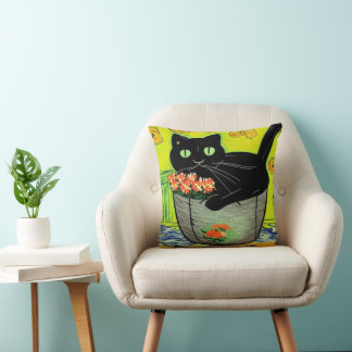 Cartoon Black Cat in Pot Cushion