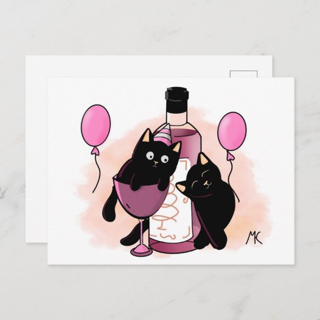 Cartoon black Cats party with Balloons and Wine Holiday Postcard (Front/Back)