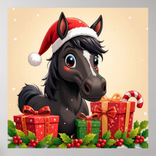 Cartoon Black Horse Christmas Gifts Holiday Poster