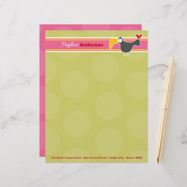 Cartoon Black Toucan Bird Green Dots Kids Children Customised Letterhead (Front/Back In Situ)