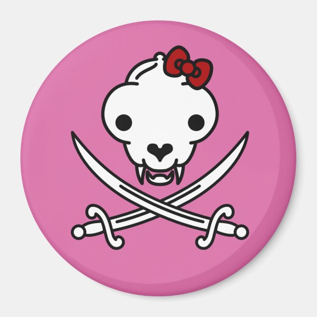 Cartoon Black White Jolly Kitty Pirate Skull Bones Magnet (Front)
