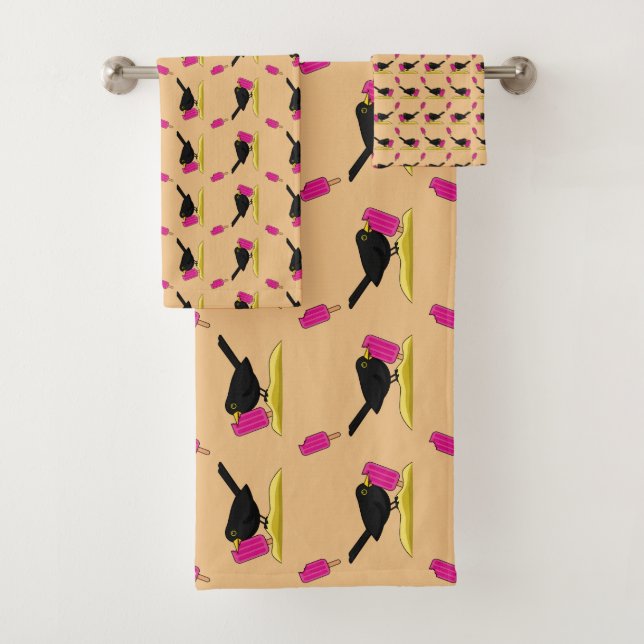 Cartoon Blackbird Eating A Ice Cream Pattern Bath Towel Set (Insitu)