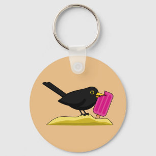 Cartoon Blackbird Eating An Ice Cream Key Ring