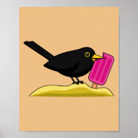 Cartoon Blackbird Eating An Ice Cream