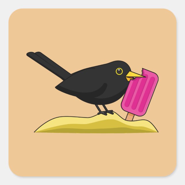 Cartoon Blackbird Eating An Ice Cream Square Sticker (Front)