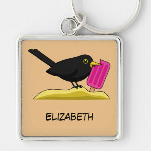Cartoon Blackbird Eating Ice Cream   Add Your Name Key Ring