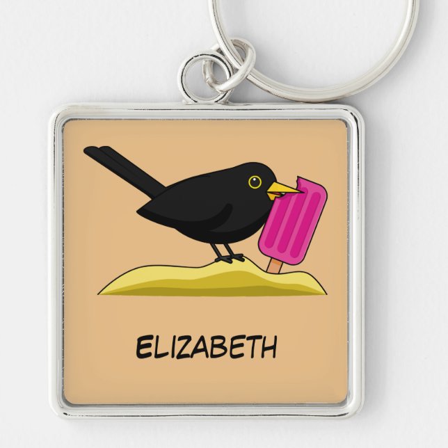 Cartoon Blackbird Eating Ice Cream | Add Your Name Key Ring (Front)