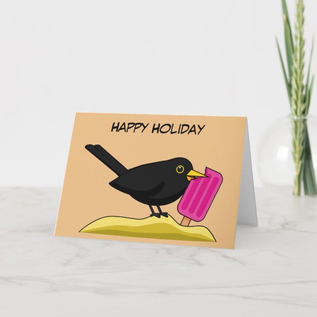 Cartoon Blackbird Eating Ice Cream | Add Your Text Card (Front)