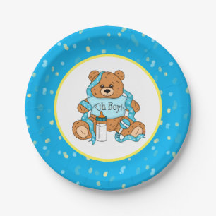 Cartoon blue and yellow Teddy Bear Baby Shower Pap Paper Plate