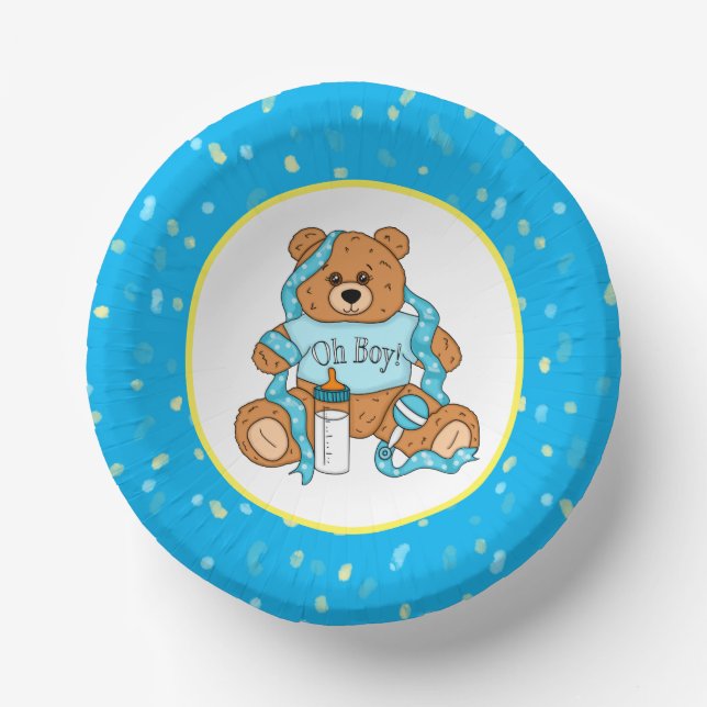 Cartoon blue and yellow Teddy Bear Baby Shower  Paper Plate (Front)