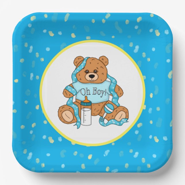 Cartoon blue and yellow Teddy Bear Baby Shower Paper Plate (Front)