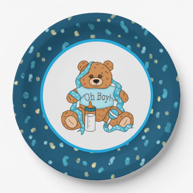 Cartoon blue and yellow Teddy Bear Baby Shower Paper Plate (Front)