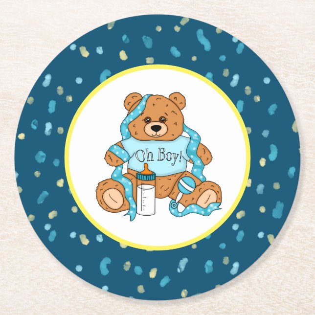 Cartoon blue and yellow Teddy Bear Baby Shower  Round Paper Coaster (Front)