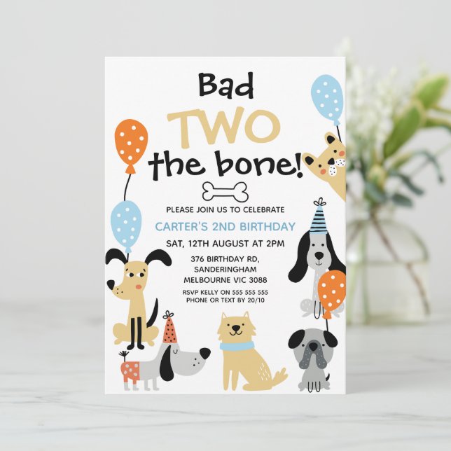 Cartoon Blue Bad Two The Bone Dogs 2nd Birthday  Invitation (Standing Front)