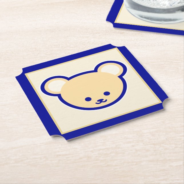 Cartoon Blue Beige Teddy Bear Cute Art Paper Coaster (Angled)