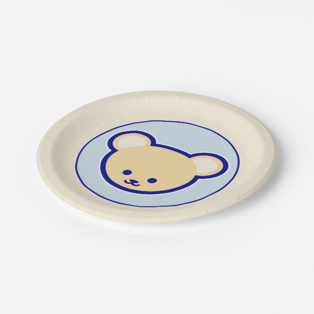 Cartoon Blue Beige Teddy Bear Cute Funny Paper Plate (Angled)