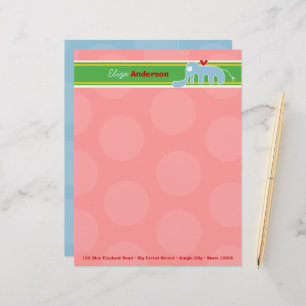 Cartoon Blue Elephant Fun Pink Dots Kids Children Personalized Letterhead