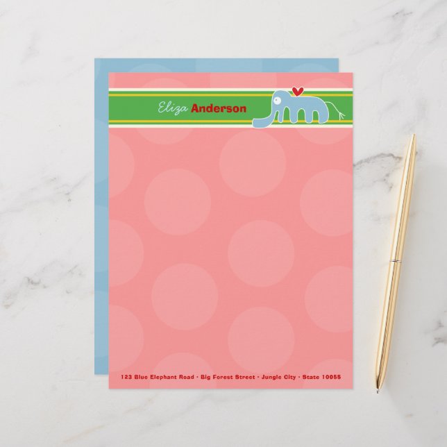 Cartoon Blue Elephant Fun Pink Dots Kids Children Personalized Letterhead (Front/Back In Situ)