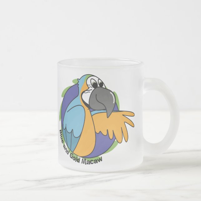 Cartoon Blue & Gold Macaw Frosted Glass Coffee Mug (Right)