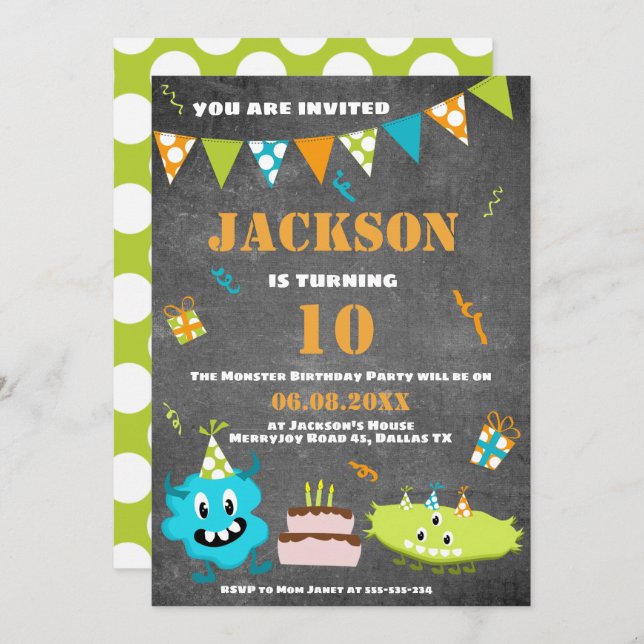 Cartoon Blue Green Monster Custom Text Birthday Invitation (Front/Back)