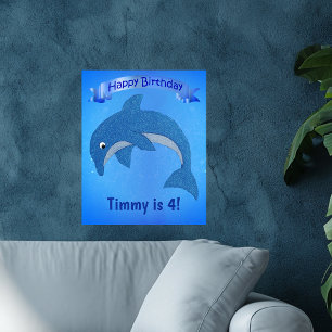 Cartoon Blue Jumping Dolphin Ribbon Kids Birthday Poster