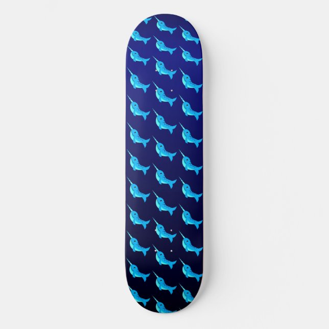 Cartoon blue narwhals pattern on Navy Blue Skateboard (Front)