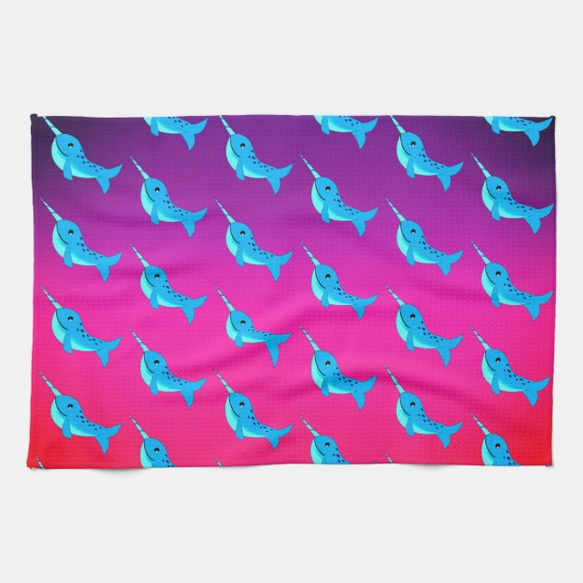 Cartoon blue narwhals pattern on Navy Blue Tea Towel (Horizontal)