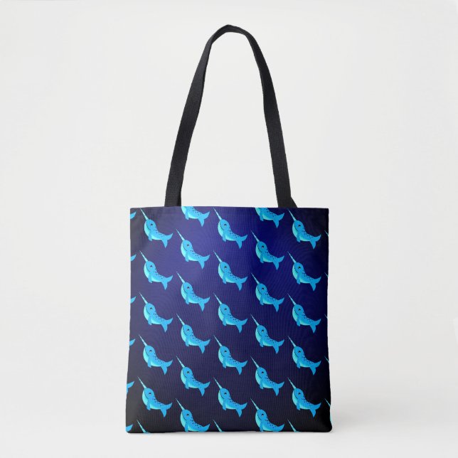Cartoon blue narwhals pattern on Navy Blue Tote Bag (Front)