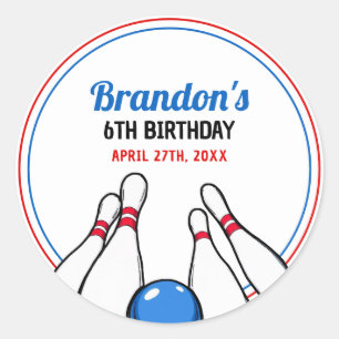 Cartoon Blue & Red Bowling Kids 6th Birthday Classic Round Sticker