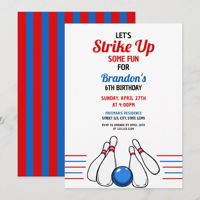 Cartoon Blue & Red Bowling Kids 6th Birthday Invitation (Front/Back)