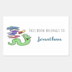 Cartoon Bookworm Bookplate With Custom Name Rectangular Sticker