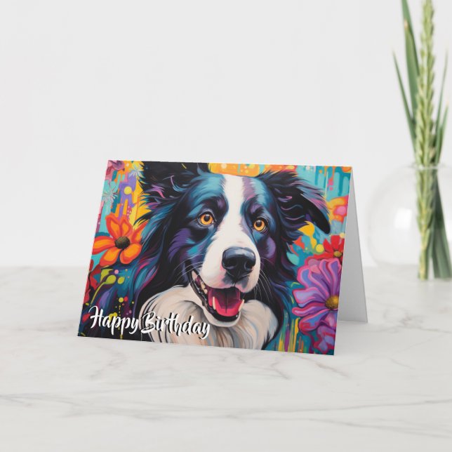 Cartoon Border Collie in a Garden Custom  Card (Front)