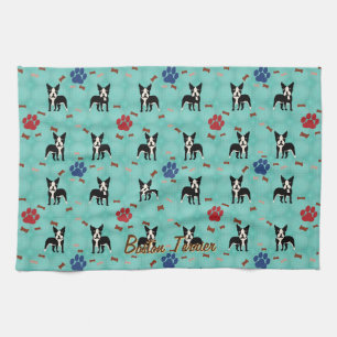 Cartoon Boston Terrier Tea Towel