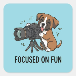 Cartoon Boxer Puppy Creative Photography Blue Art Square Sticker