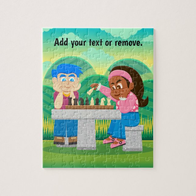 Cartoon, boy & black girl playing chess outdoors, jigsaw puzzle (Vertical)