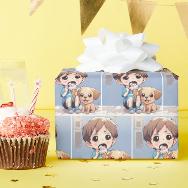 Cartoon Boy Eating an Ice Cream Cone Wrapping Paper (Birthday Party)
