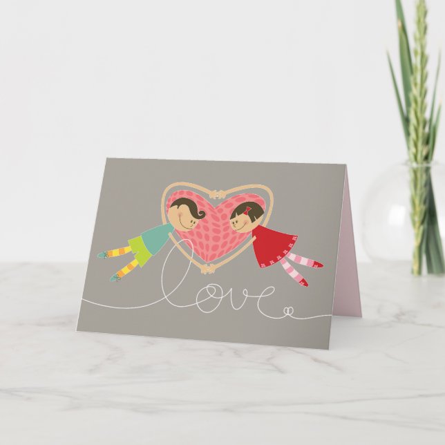 Cartoon Boy & Girl Holding Hands In Love Valentine Holiday Card (Front)