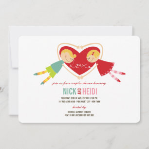 Cartoon Boy Girl Love Heart Couples Wedding Shower Invitation